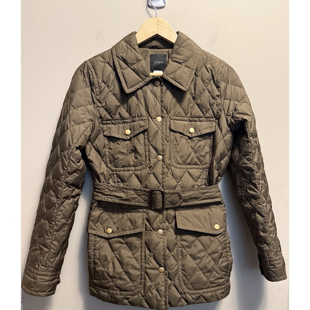 J CREW EXCURSION QUILTED DOWN BELTED JACKET STYLE 48592 SIZE SMALL‎ OLIVE GREEN